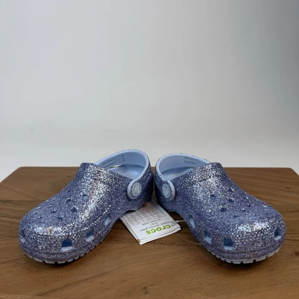 NWT Little Kids Girls Crocs Purple Classic Chunky Glitter Clogs Sandals Size 9 C